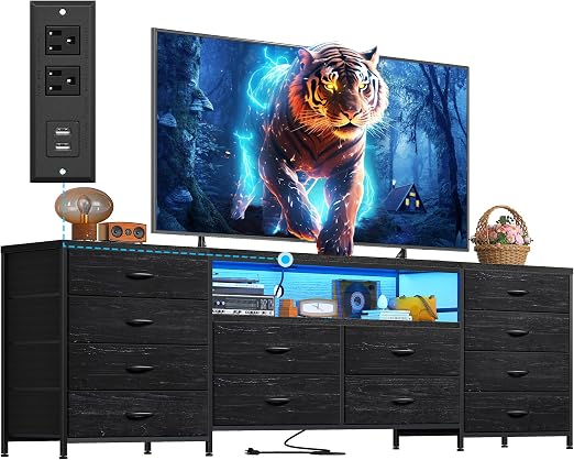 63" TV Stand with 12 Fabric Drawers, LED Lights & Power Outlets