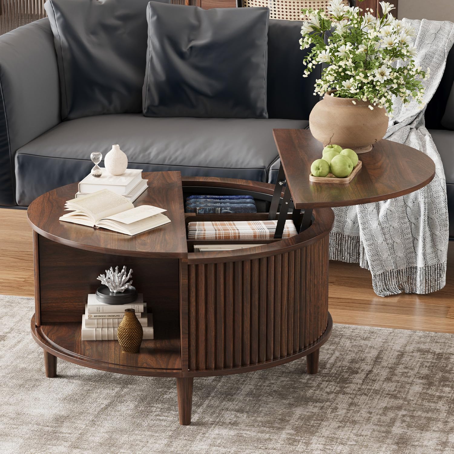 Madaha Lift Top Coffee Table with Storage, Fluted Round Center Table with Sliding Cabinet Door, Small Circle Table for Living Room, Walnut