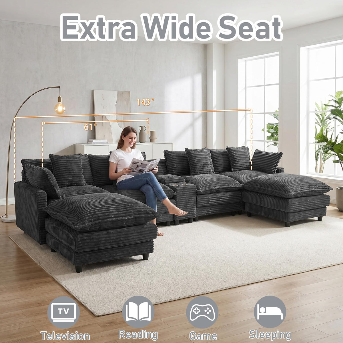 ONEMMLION 143" Oversized U-Shaped Cloud Sectional Sofa, Grey