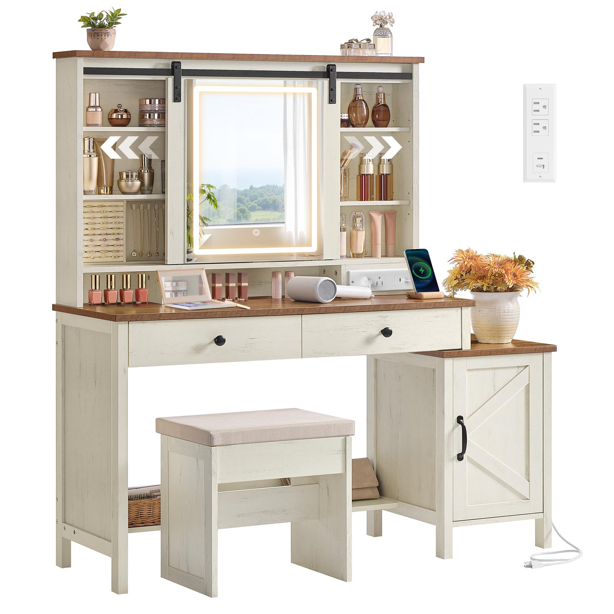 Farmhouse Vanity Desk with Lighted Mirror