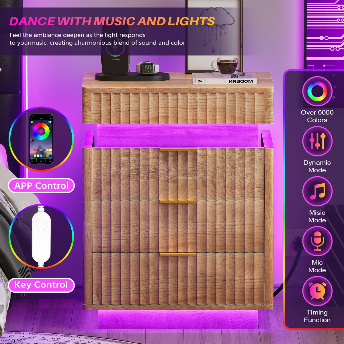 Fluted LED Nightstand with Charging Station