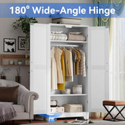 Wooden Armoire Wardrobe Closet, Wardrobe Cabinet with Door and Shelves, Freestanding Bedroom Armoires Clothing Storage Cabinet with Hanging Rod for Bedroom, Laundry Room, Cloak Room（White）