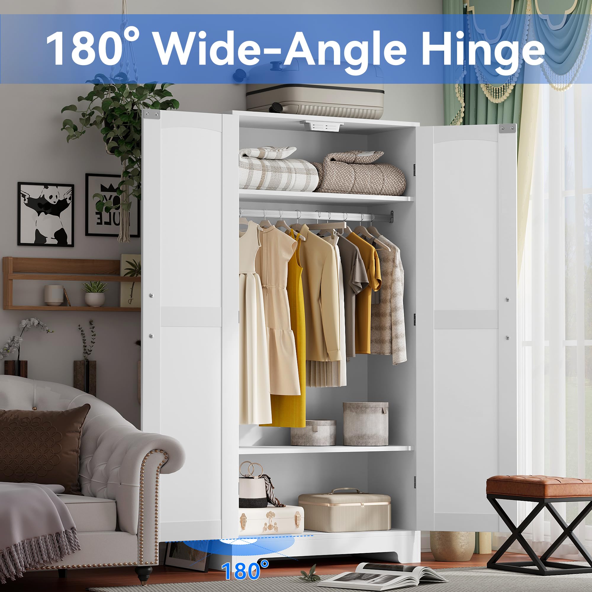 Wooden Armoire Wardrobe Closet, Wardrobe Cabinet with Door and Shelves, Freestanding Bedroom Armoires Clothing Storage Cabinet with Hanging Rod for Bedroom, Laundry Room, Cloak Room（White）