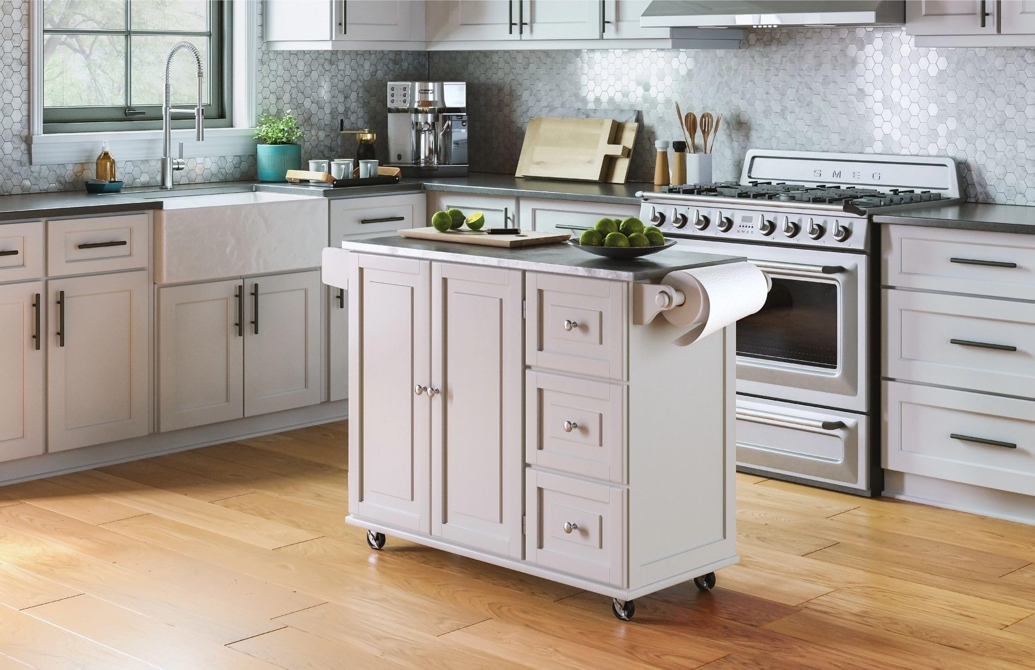 53.5" Kitchen Island Cart with Storage, Rolling Kitchen Cart on Wheels with Stainless Steel Top, Mobile Prep Station with Drawers, Cabinets, Adjustable Shelves & Towel Rack, Solid Wood, Off White