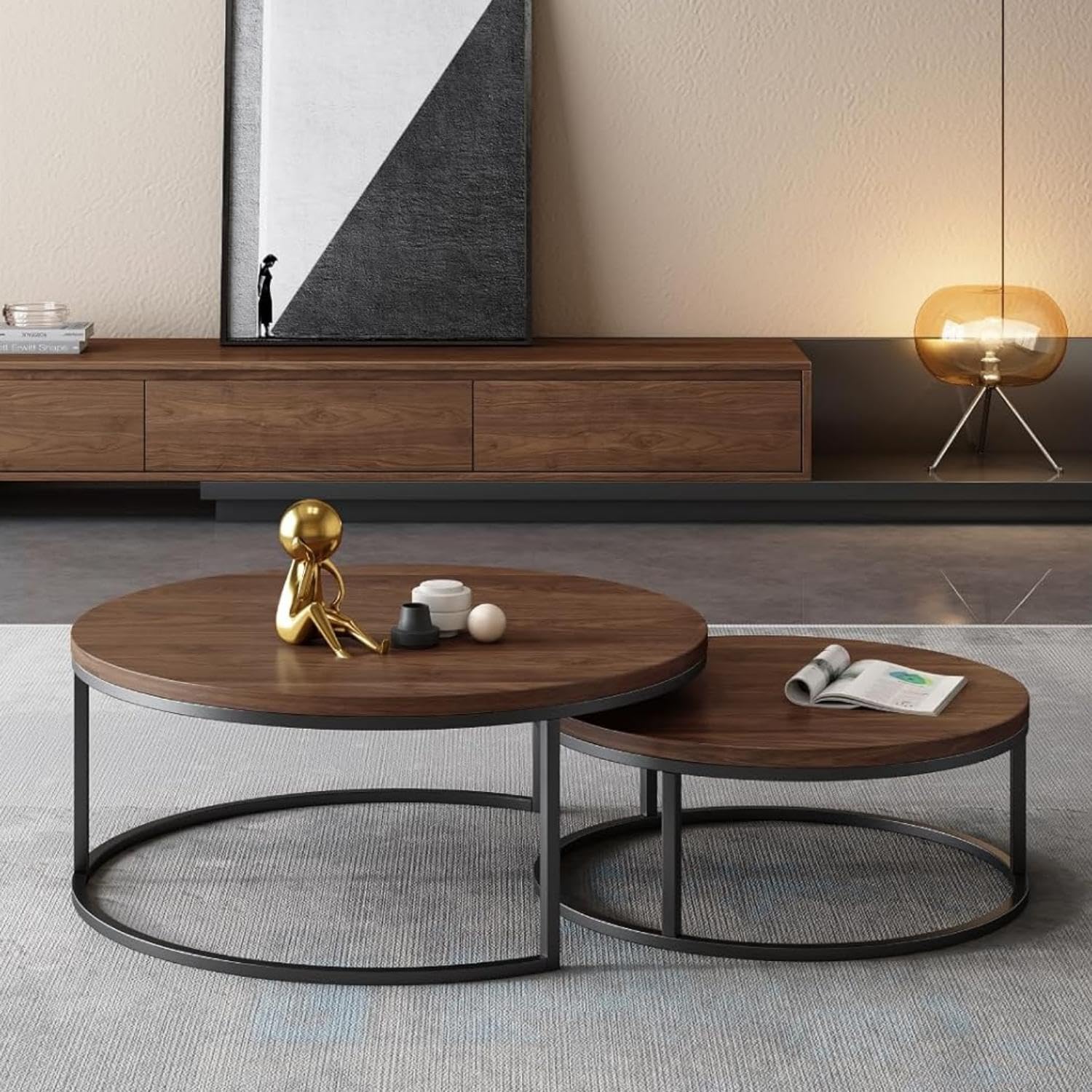 Round Nesting Coffee Table Set of 2, Modern Minimalist Accent Tables for Living Room, Bedroom, Office, Stackable Side Tables (Walnut)