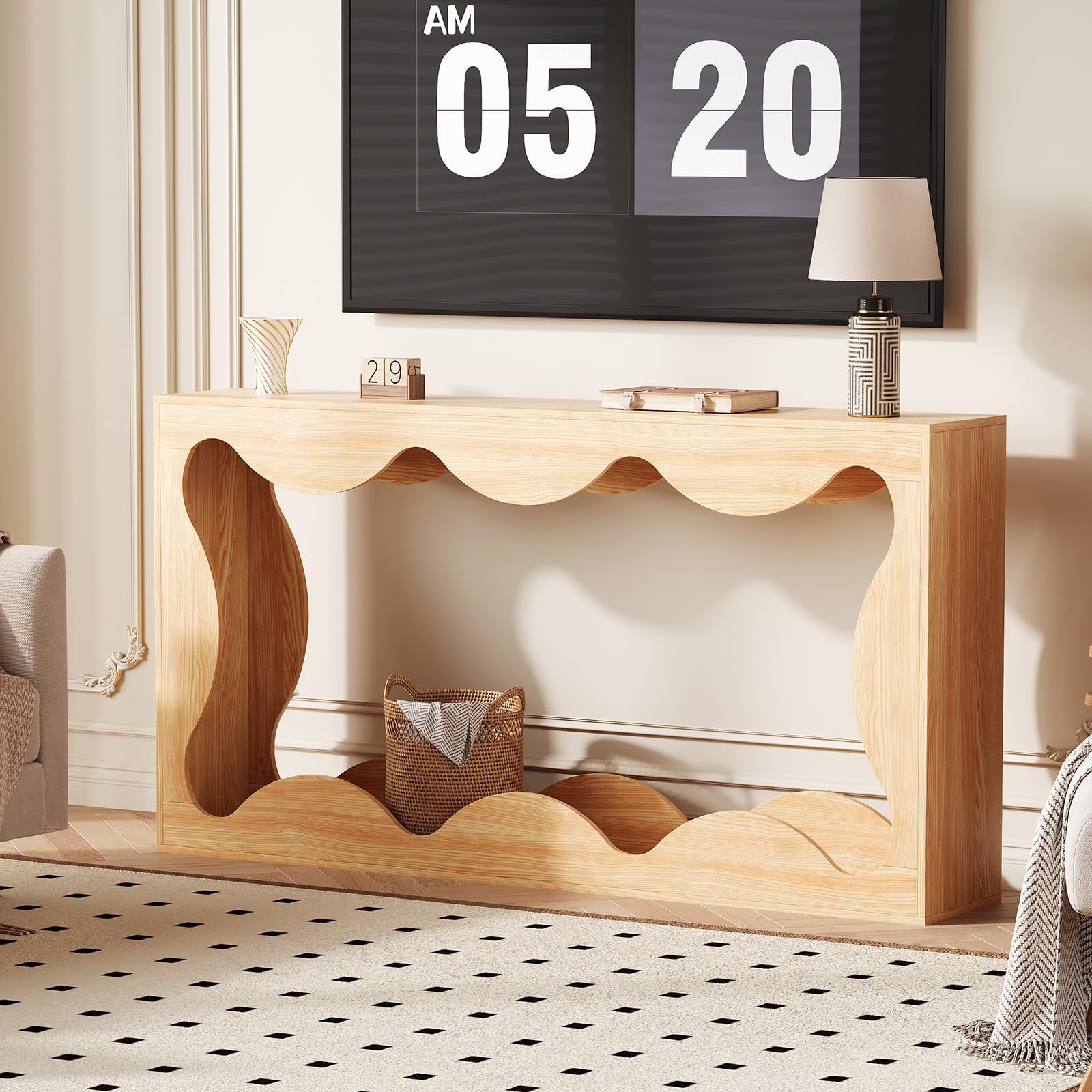 63" Rustic Scalloped Entryway Console Table, Narrow Wood Sofa Table with Storage for Behind Couch, Living Room, Hallway & Apartments, Natural