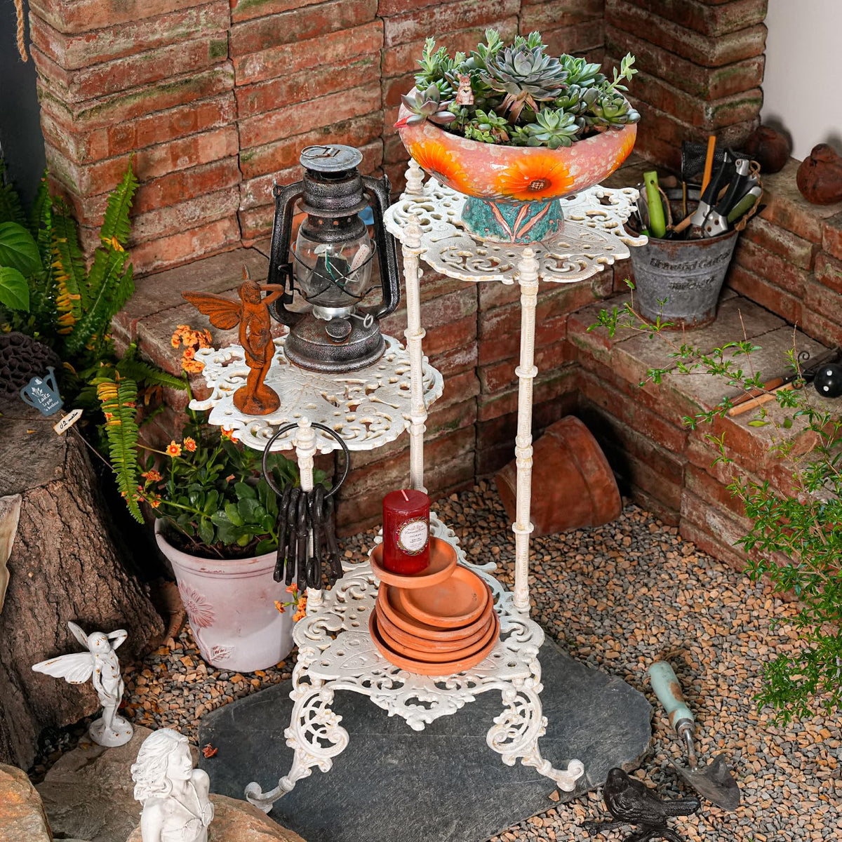 Sungmor Vintage Cast Iron 3-Tier Plant Stand, 28 Inch Tall, Antique White