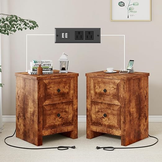 Farmhouse Nightstand Set of 2 with Charging Station