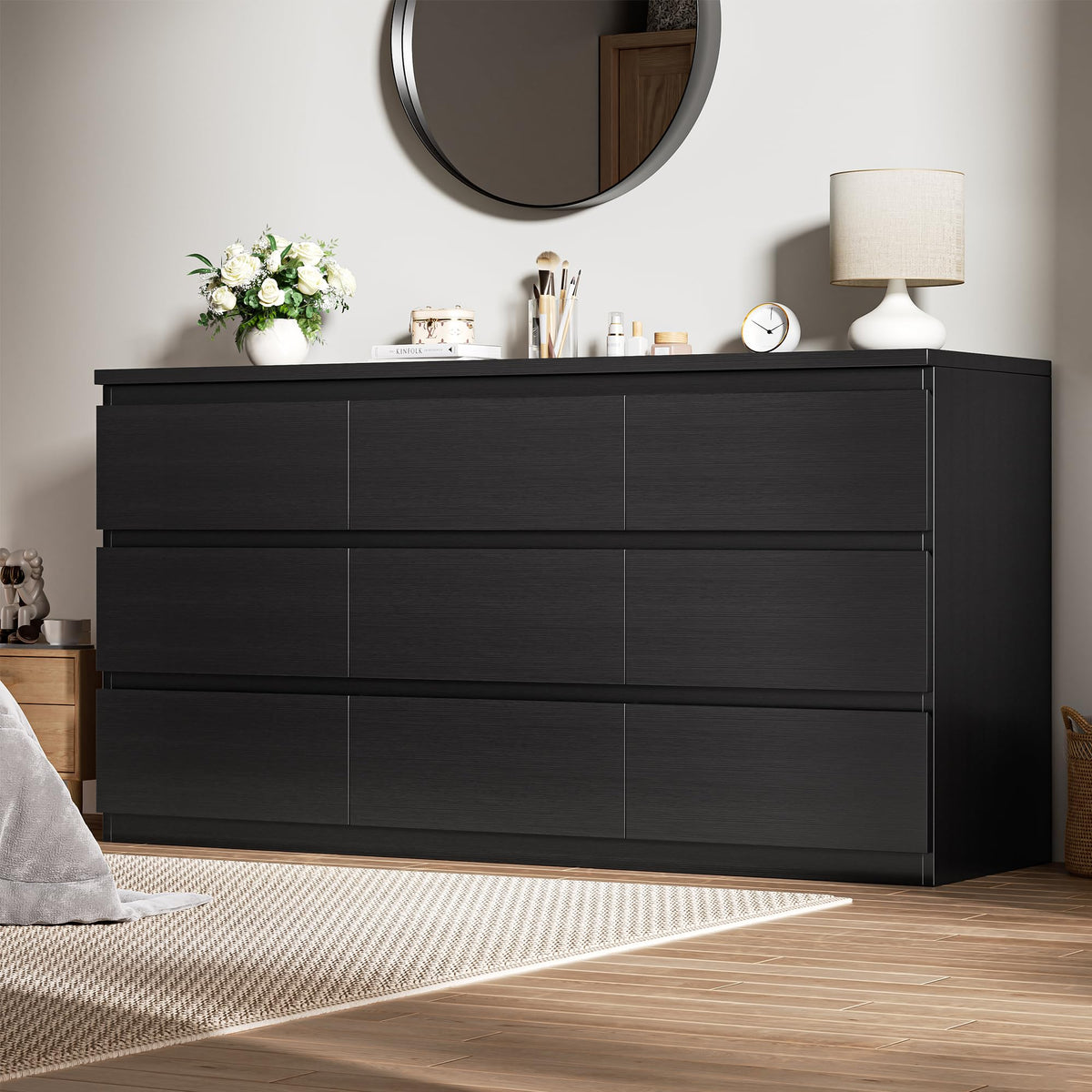 Jocoevol Modern 9 Drawer Dresser for Bedroom, Simply Chest of Drawers, Wood Storage Dresser with Deep Drawers for Living Room Hallway Entryway (Black)