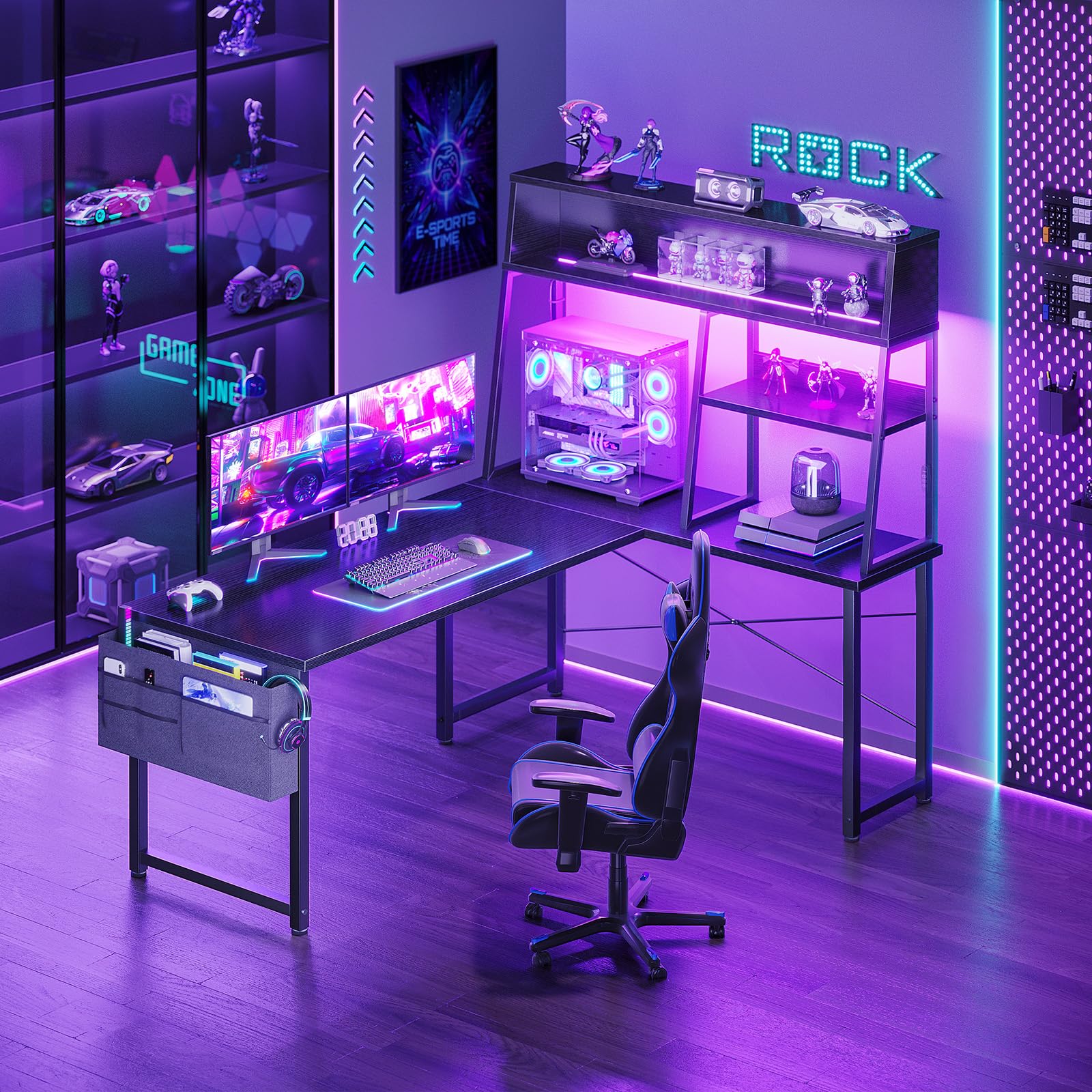 L-Shaped Gaming Desk with LED Lights & Display Shelves