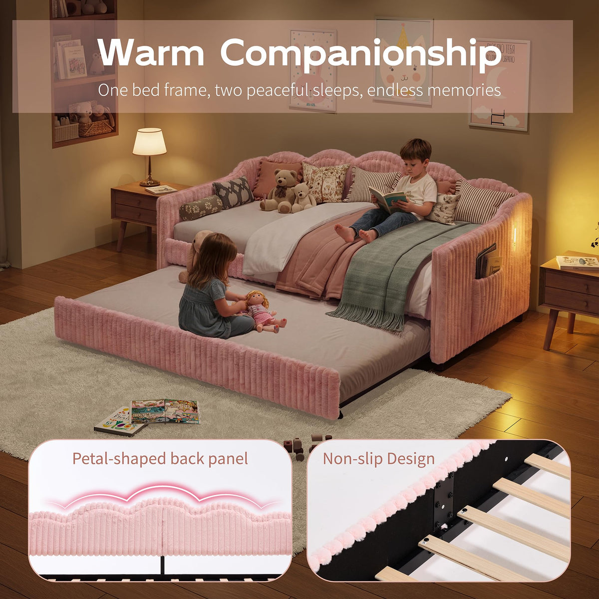 Twin Size Faux Fur Upholstered Daybed with Trundle, Side Pockets, Pink