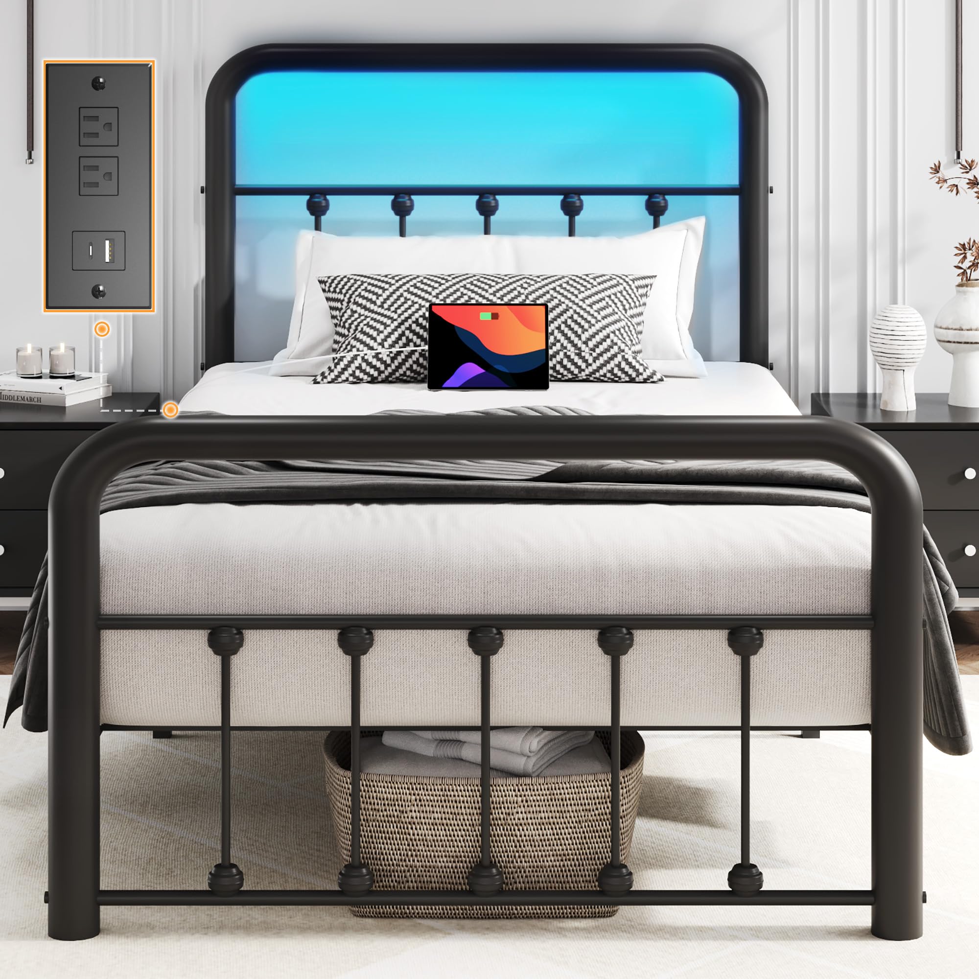 Metal Platform Bed Frame with LED & Charging Station