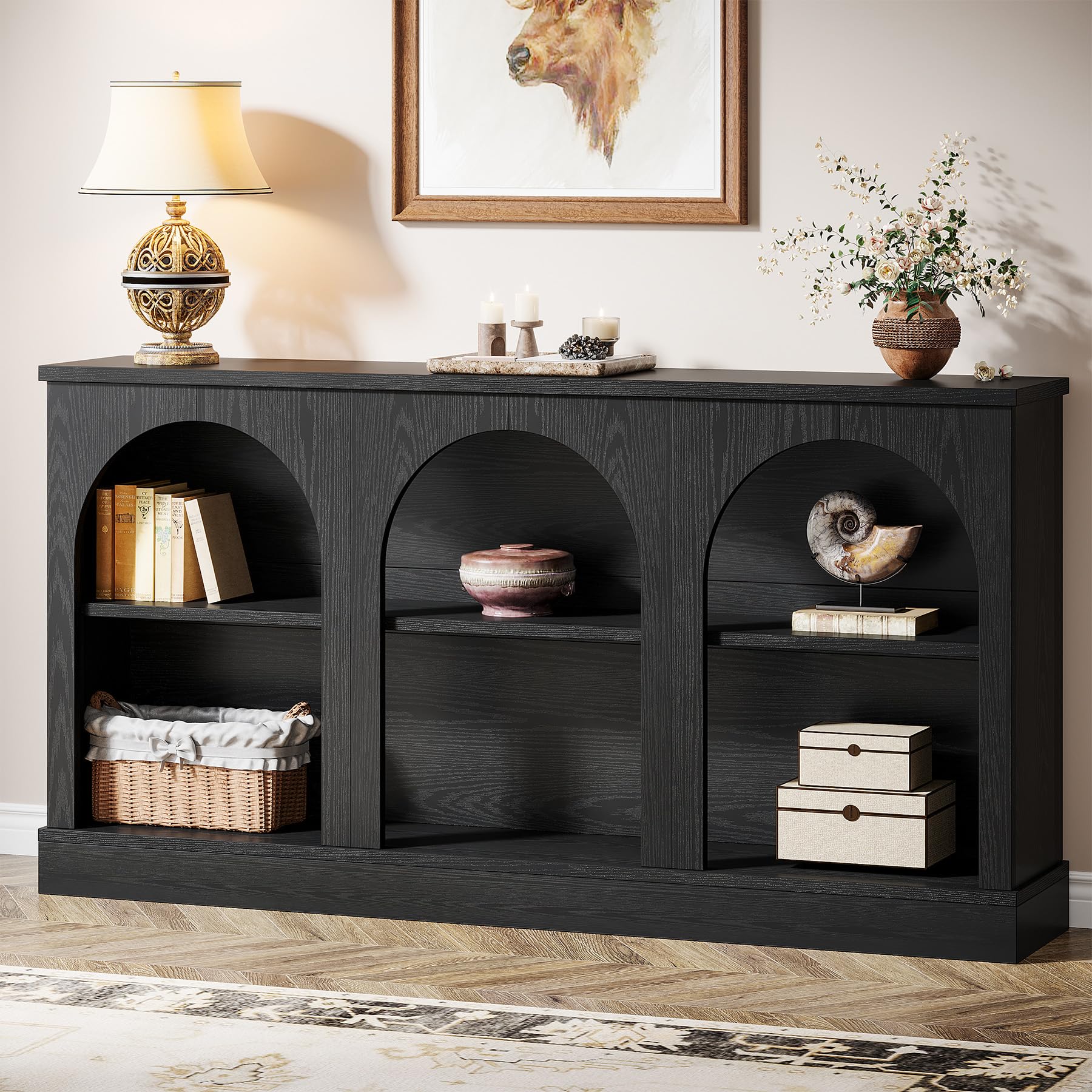 Tribesigns Farmhouse Console Table, 63-Inch Long Entryway Table with 3 Tier Storage, Wooden Rectangular Sofa Table Behind The Couch for Entrance, Hallway, Living Room, Black