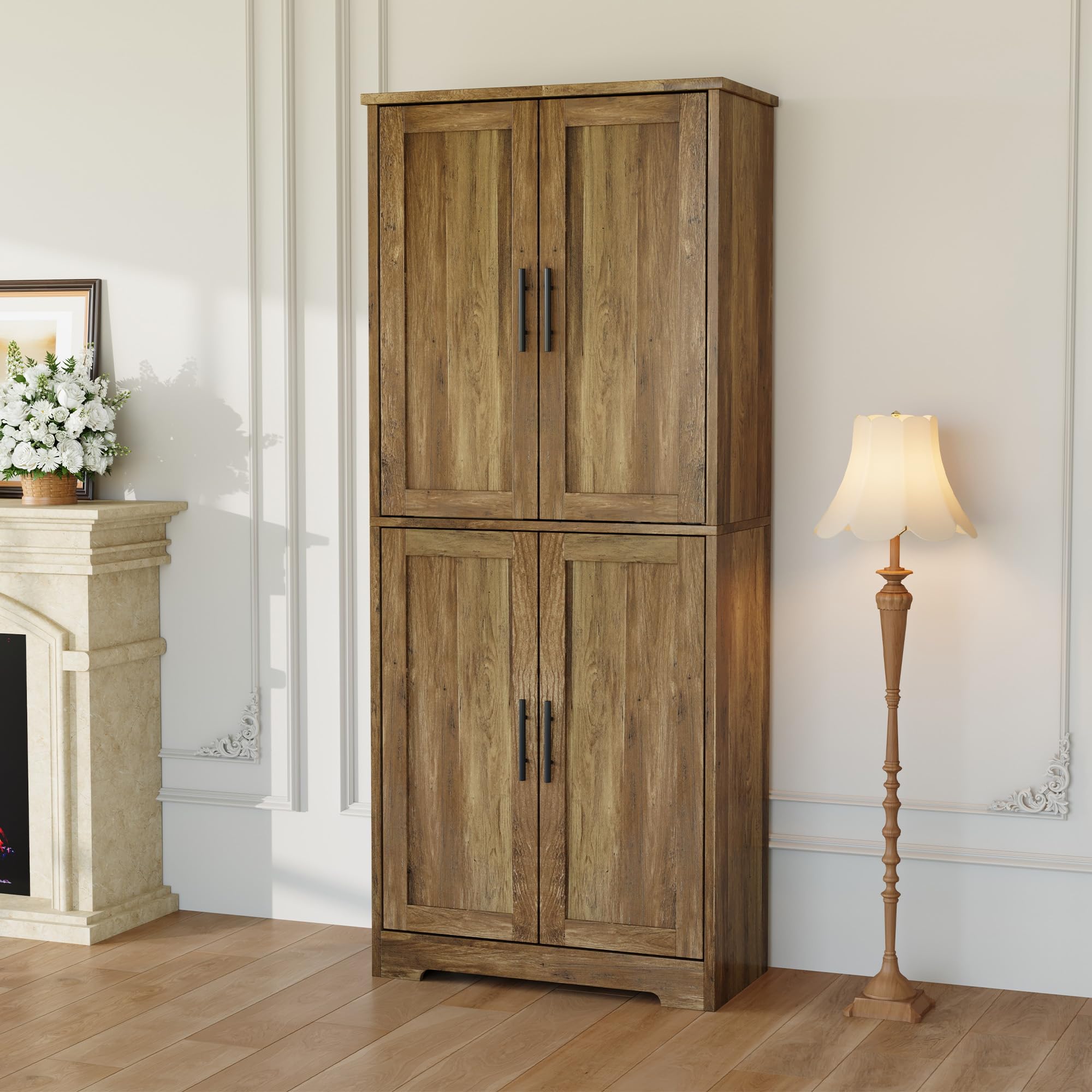 Garvee Modern Tall Pantry Cabinet – Freestanding Kitchen Storage Cupboard with 4 Doors & 3 Adjustable Shelves – Versatile for Living Room, Dining Room, Bathroom, Laundry, Utility – Barnwood Finish