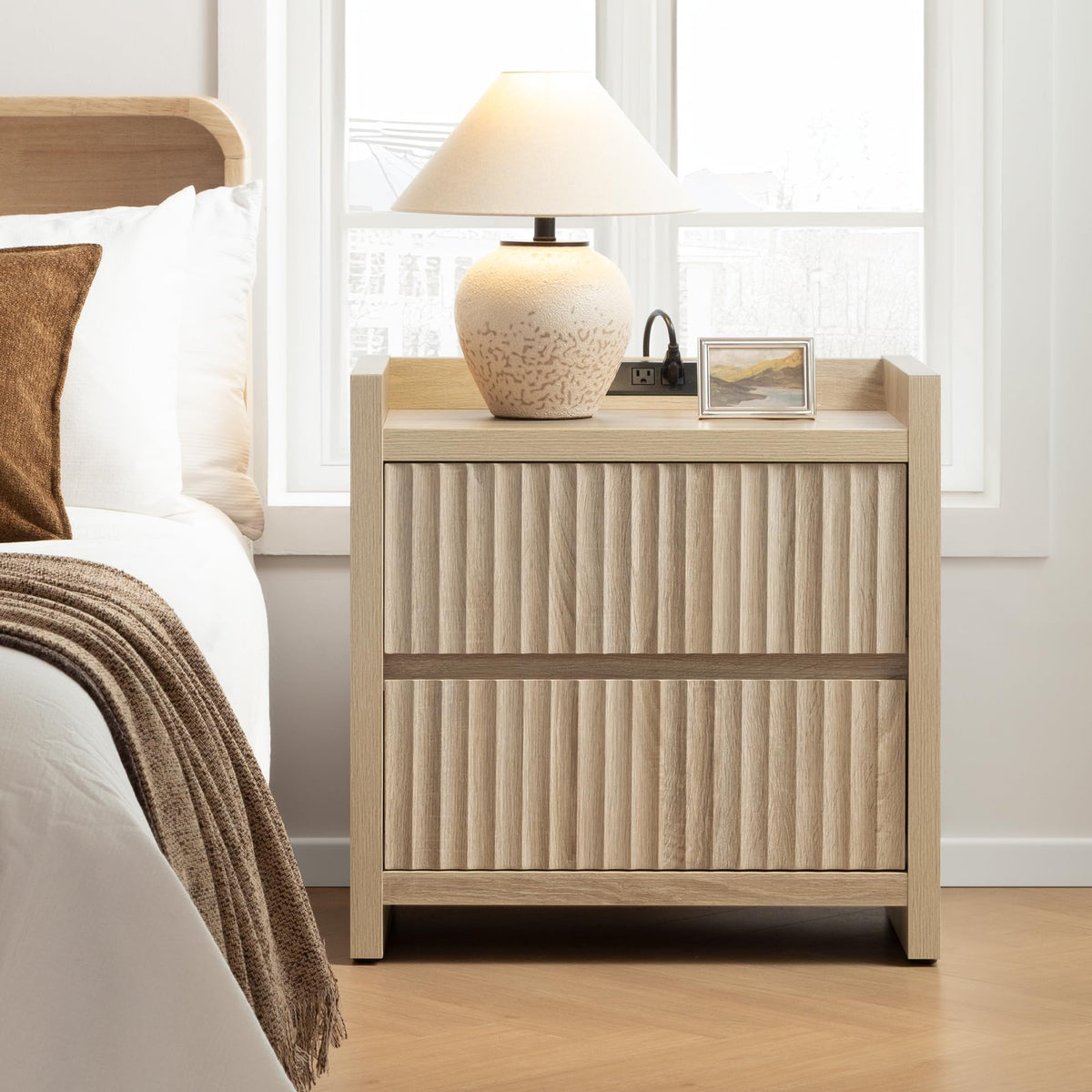 Fluted Nightstand Set with Charging Station
