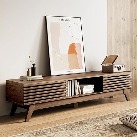Mid-Century Fluted TV Stand with Sliding Doors & Storage
