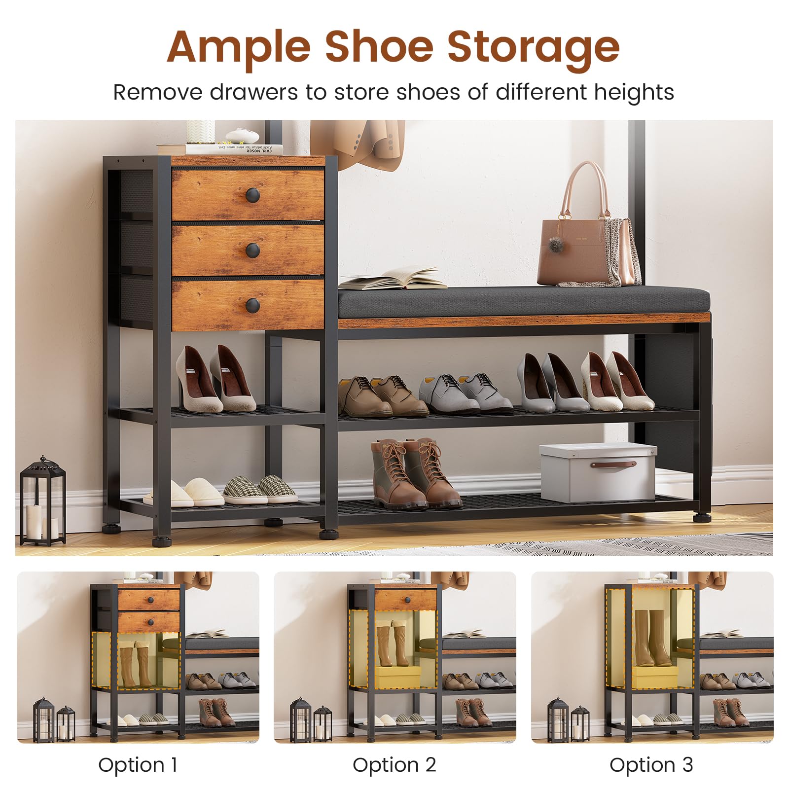 5-in-1 Hall Tree with Bench & Shoe Storage
