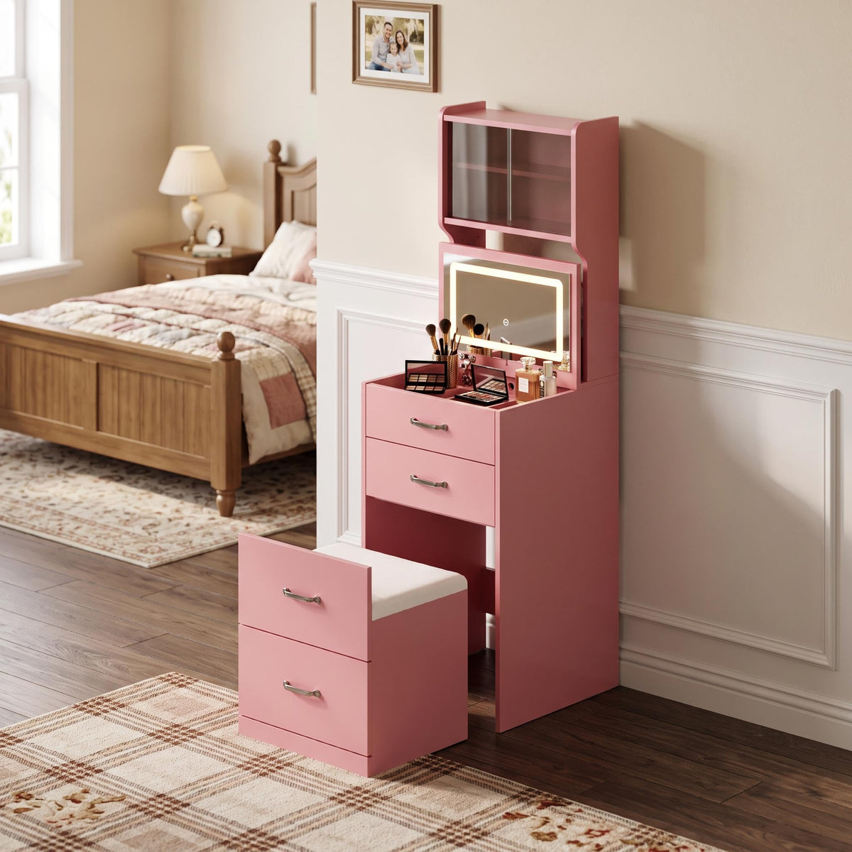Pink Vanity Desk with LED Mirror