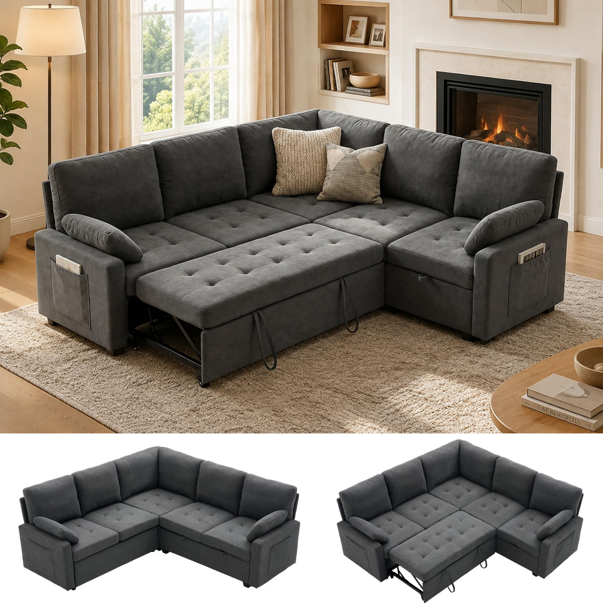 Huatean Home 82" Pull Out Couch with Storage, Sleeper Sofa, 5 Seat L Shaped Sectional Couches for Living Room, Modular Sectional Couch with Removable Covers, Dark Grey