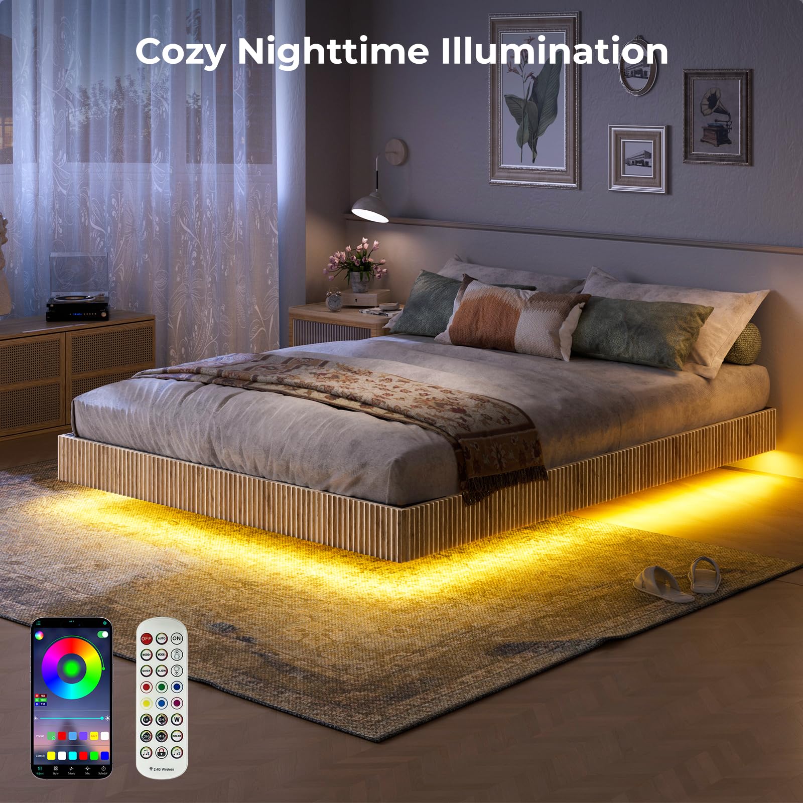 Fluted Floating Bed Frame with LED Lights & 2 Nightstands