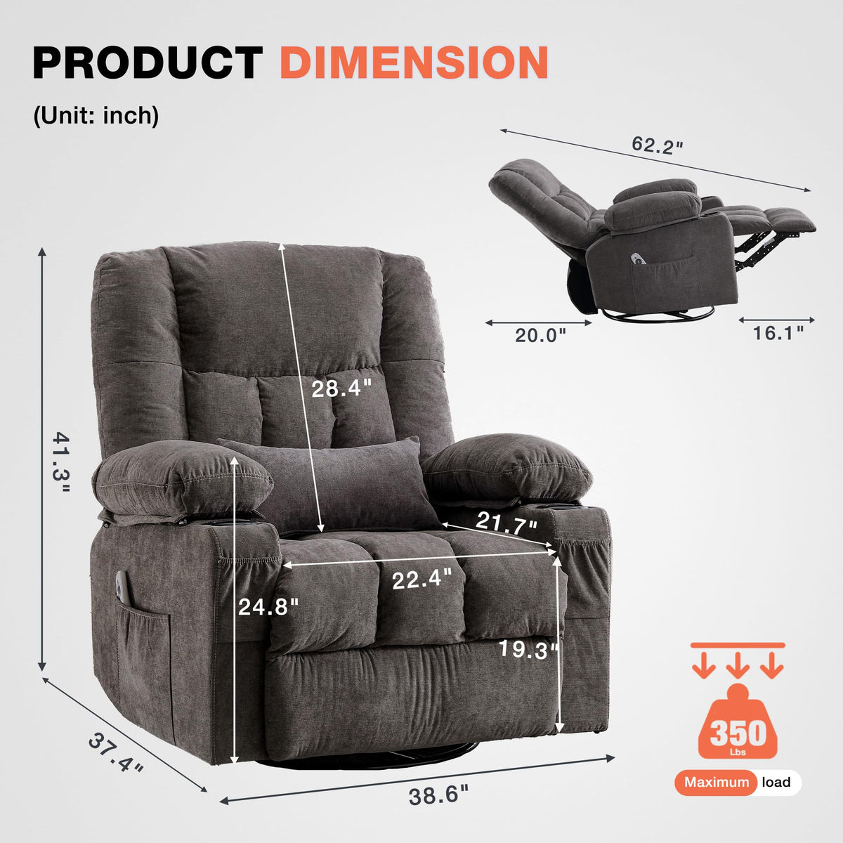 Manual Swivel Rocking Recliner Chair with 8-Zone Massage & Lumbar Heat
