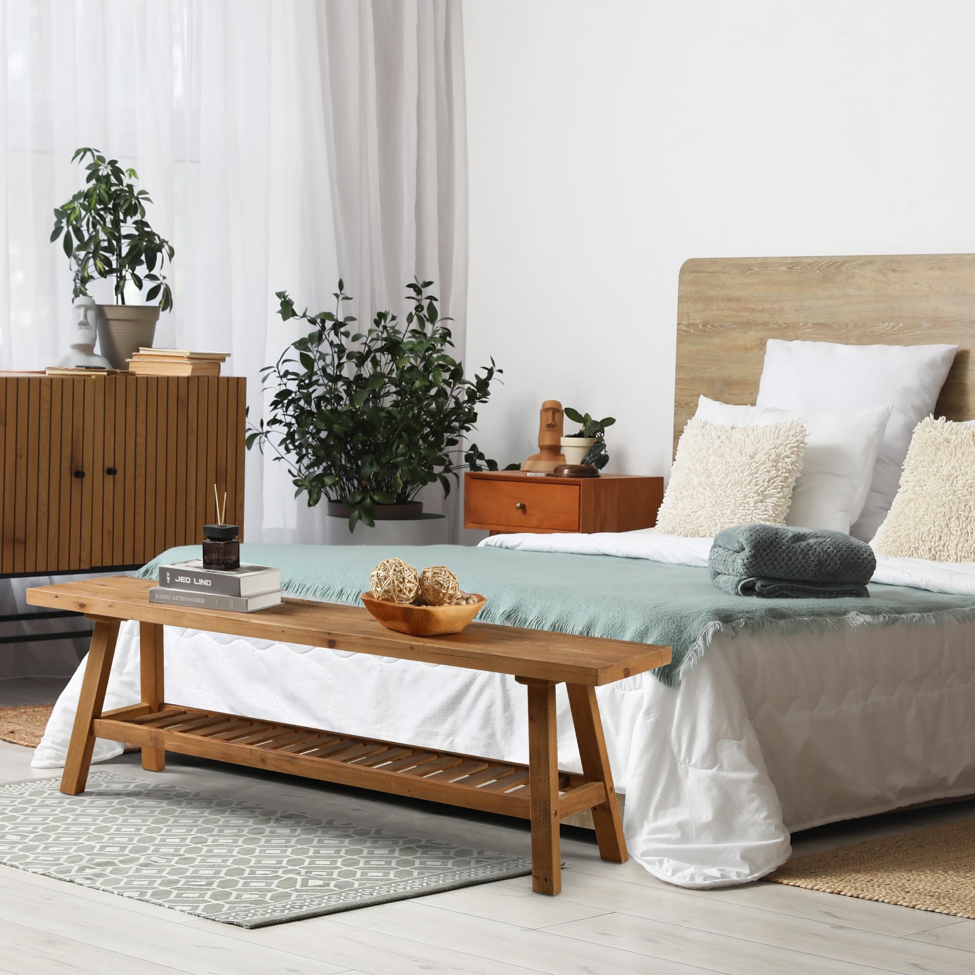 Reclaimed Wood Entryway Bench with Storage Shelf