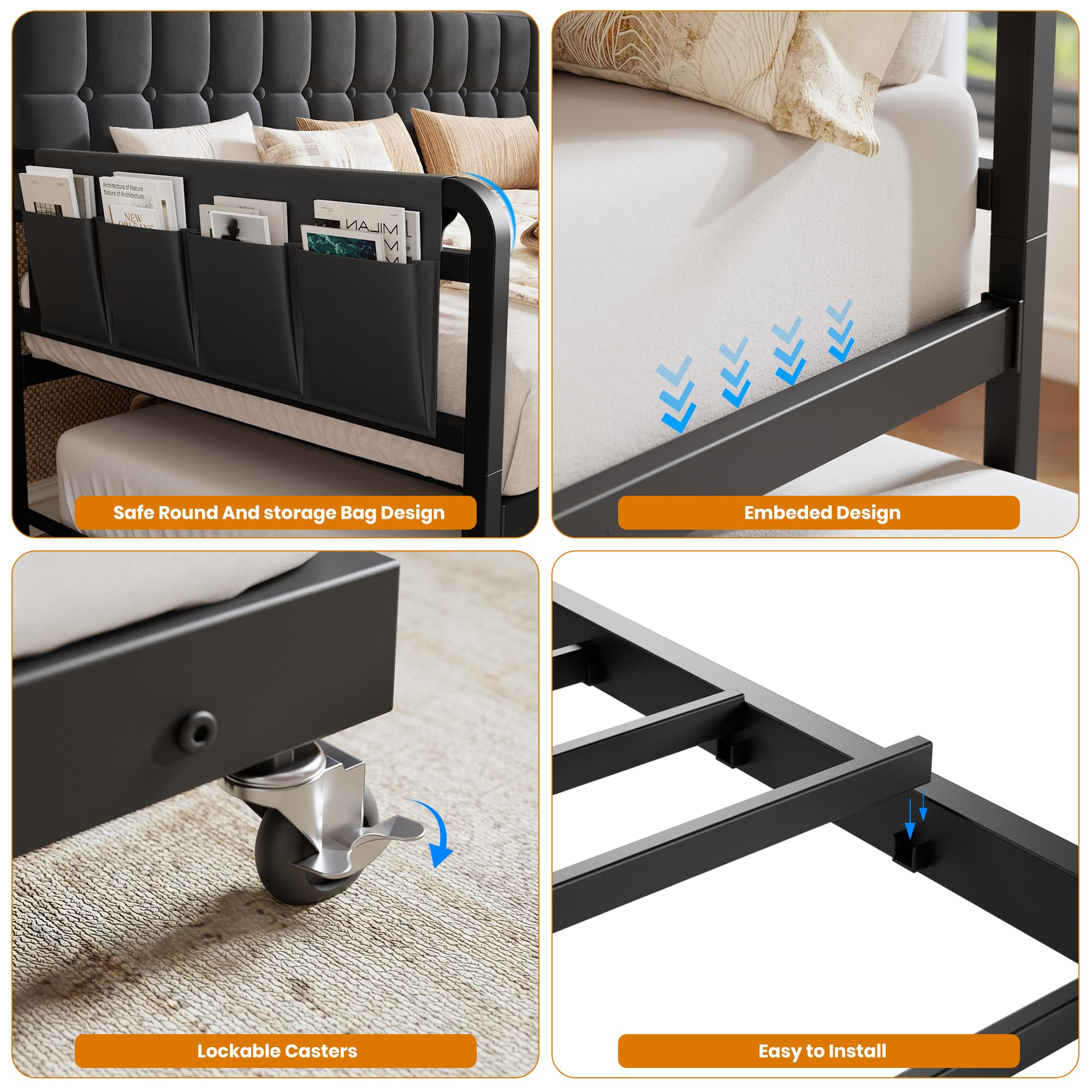 Garvee Twin Bed Frame Daybed with Trundle - with LED Light & Charging Station, Upholstered Sofa Bed with Storage Headboard and Heavy Duty Metal Slats, for Living Room, Bedroom, Guest Room, Black