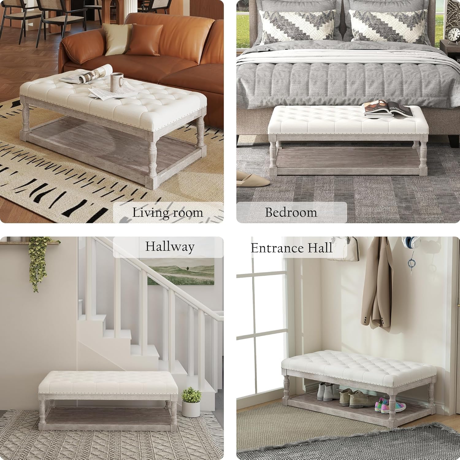 Cuzobro Ottoman Coffee Table, Large Rectangle Ottoman with Storage - Upholstered Cushioned Bench for Living Room, Tufted Linen Fabric with Solid Wood Shelf, Entryway Bench (Beige)