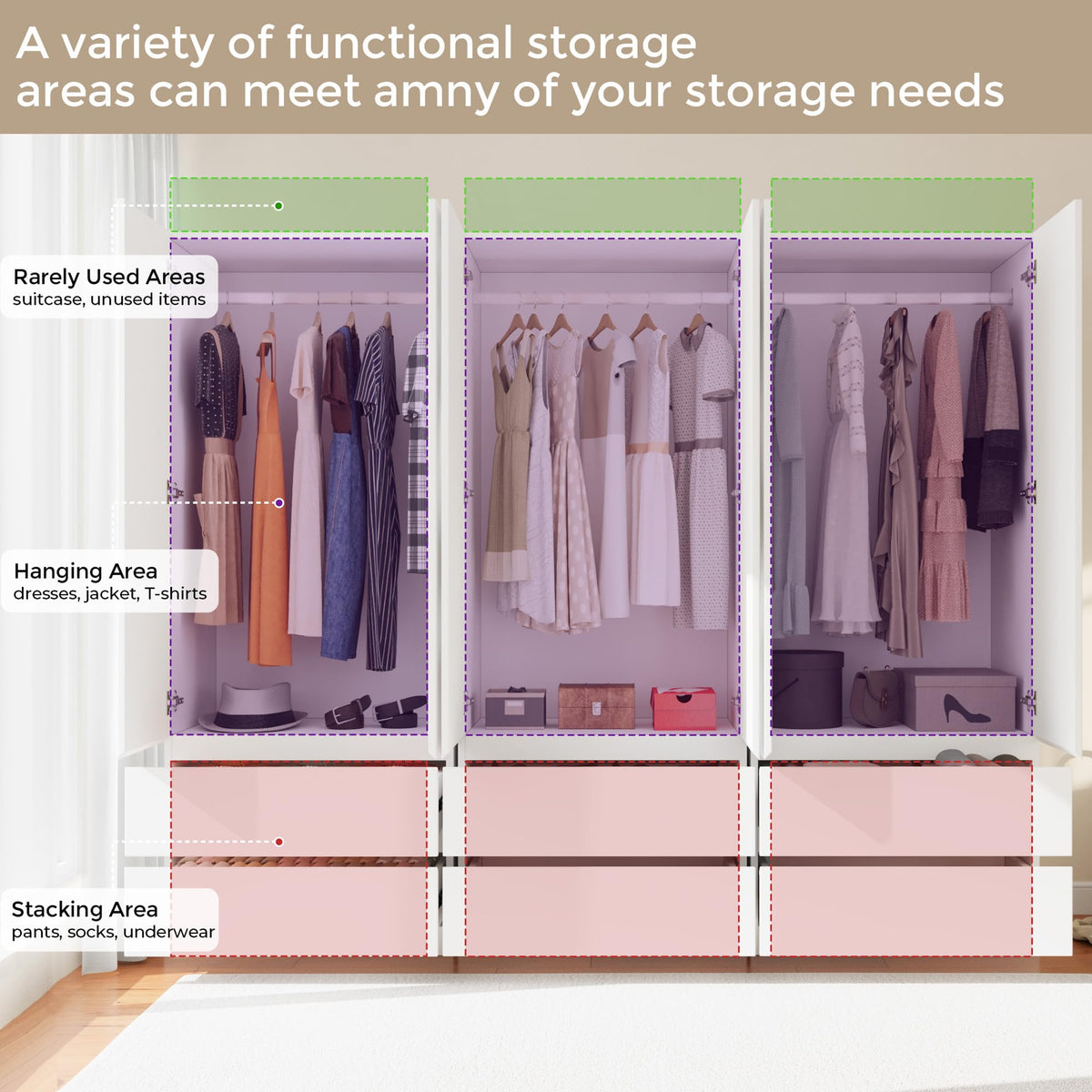 Jiaoun Armoire Wardrobe Closet with 6 Doors, Wooden Wardrobe Cabinet with 6 Drawers, Hanging Rod & Shelves, Freestanding Closets for Bedroom (White, 3)