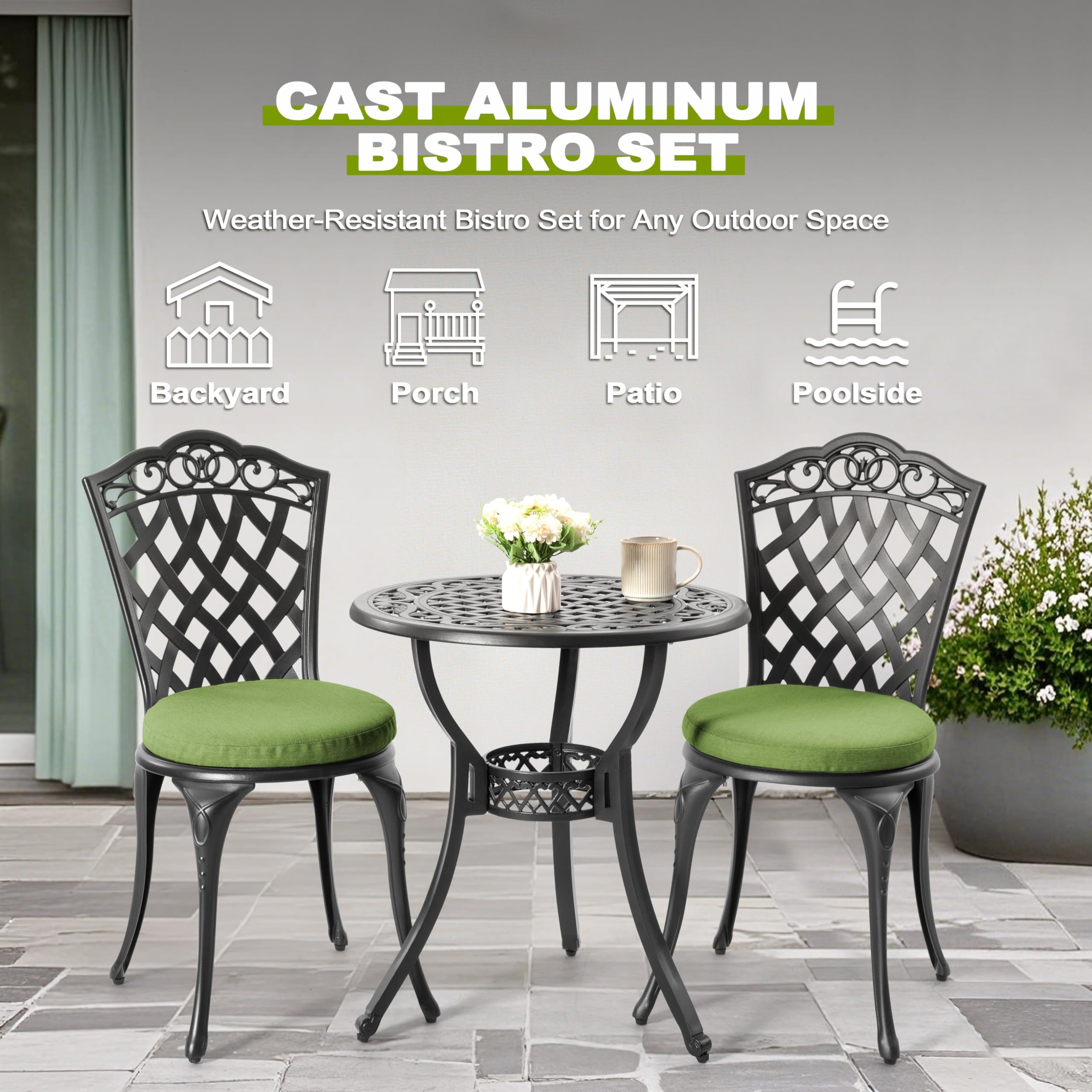 3-Piece Cast Aluminum Patio Bistro Set with Cushions
