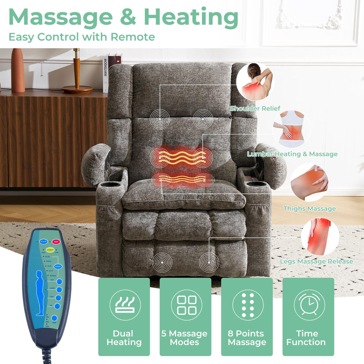 RUTOX Oversized Lift Chair for Elderly with Massage and Heat, Dual Motor Power Lift Recliner Chair with Arm Storage, Lay Flat Lift Recliner for Lving Room, Big Tall, Infinite Position, Grey