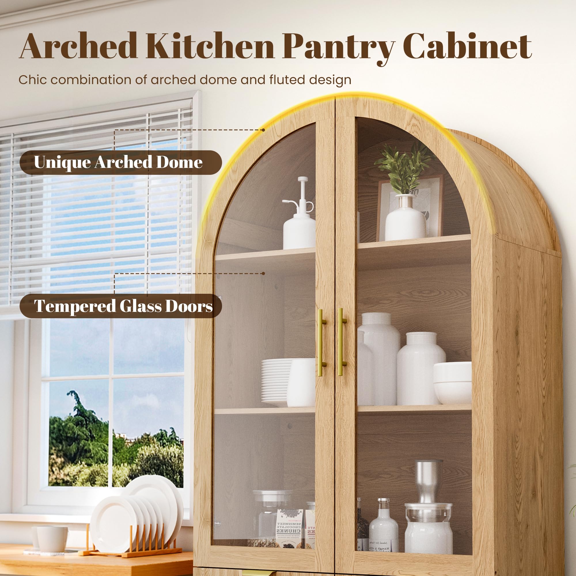 Arched Glass Door Pantry Cabinet with Fluted Detail
