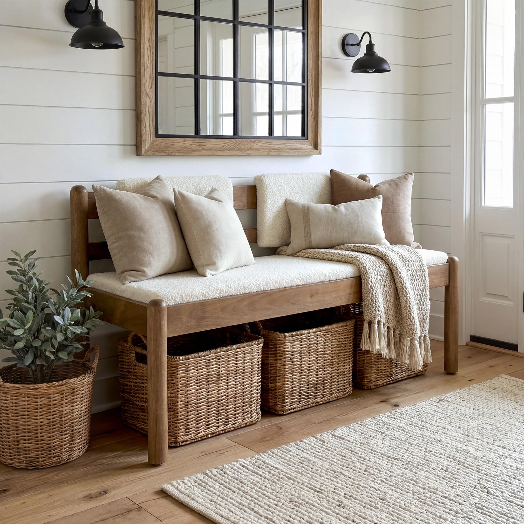 LITTLE TREE Solid Wood Entryway Bench, 49" Dining Bench with Back, Wood Settee Bench with Upholstered Seat, Farmhouse Bedroom Bench for End of Bed, Dining Room, Mudroom, Entryway, White + Walnut Brown