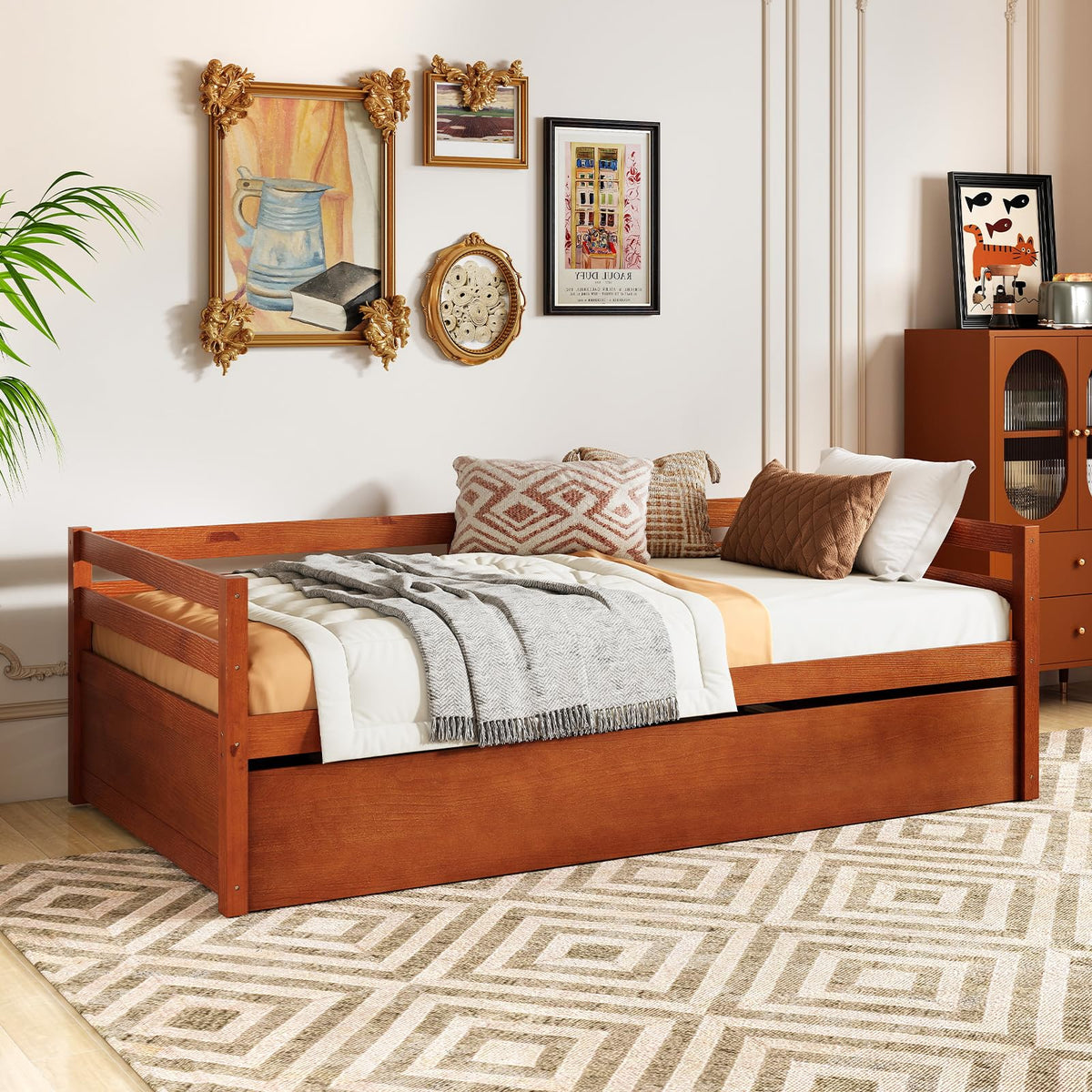 GIANTEX Twin Daybed with Trundle, Wood Trundle Bed with Wood Slat Support, Mid Century Day Bed Frame for Living Room Guest Room, No Box Spring Needed, Walnut