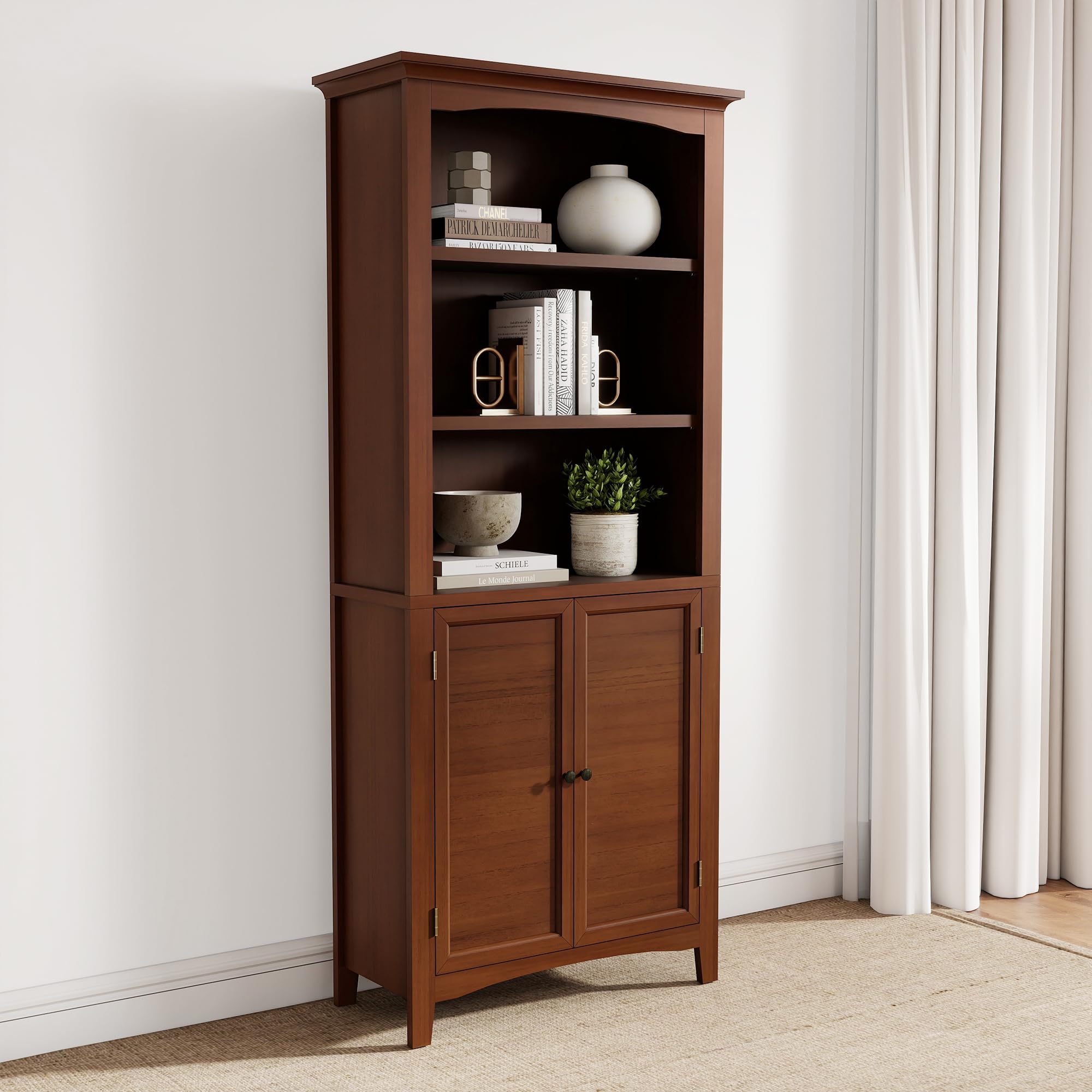 Ortello Home Harvin Standard Bookcase with Doors Set of 2, Solid Wood Bookshelves Floor Standing 5 Tier Adjustable Shelves Organizer and Storage, 72in Tall Bookshelf for Home Office, Living Room