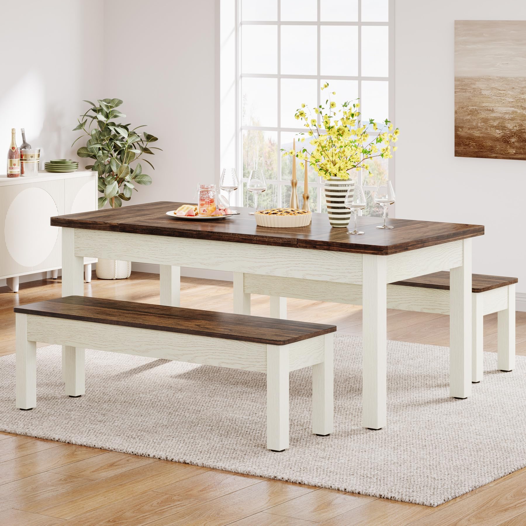 55" Farmhouse Dining Table Set with 2 Benches