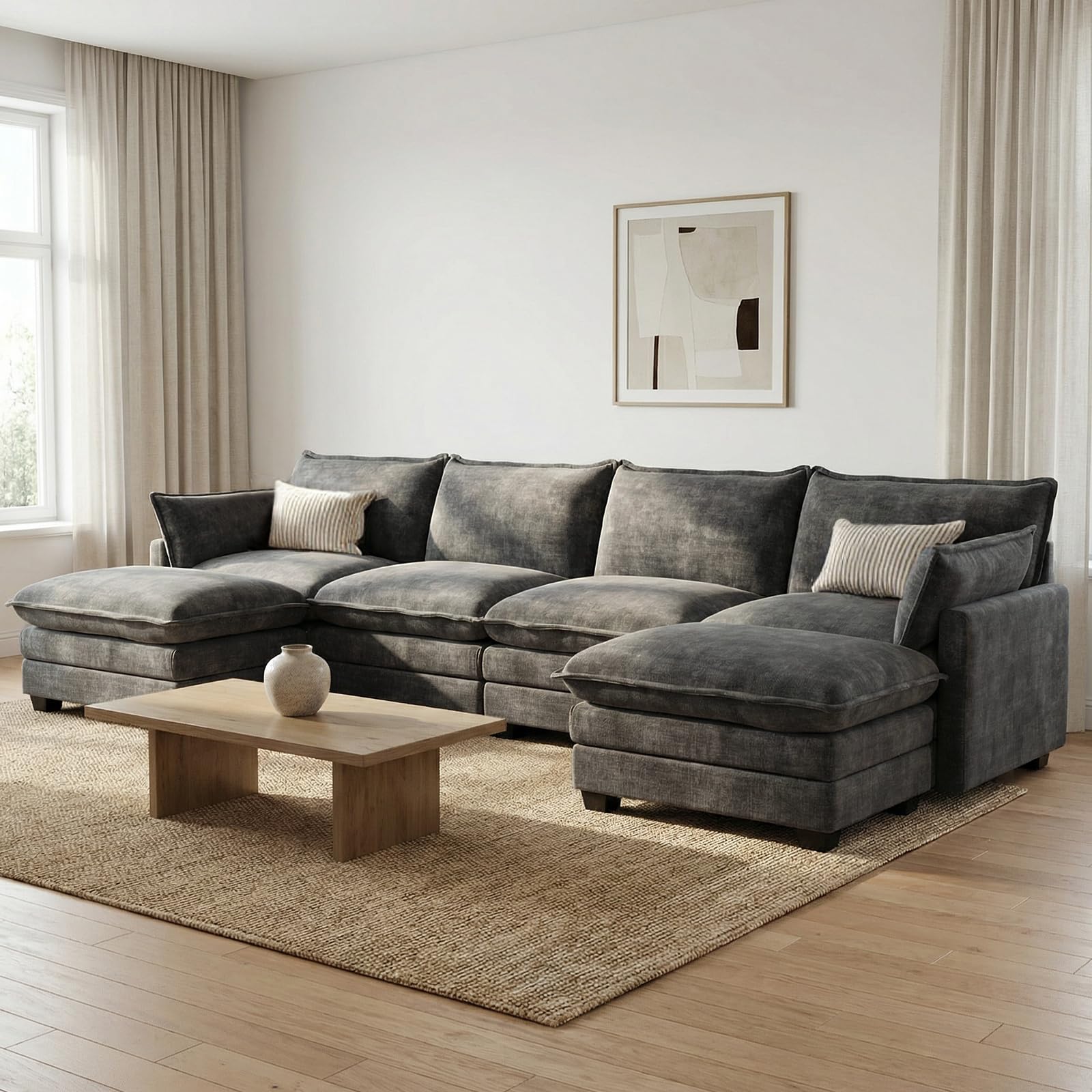 Hawarida Modular Sectional U Shaped Sofa Couches for Living Room, Cloud Couch with Movable Ottoman, Comfy Chenille Sofa with Pillow for Bedroom and Apartment, Dark Grey