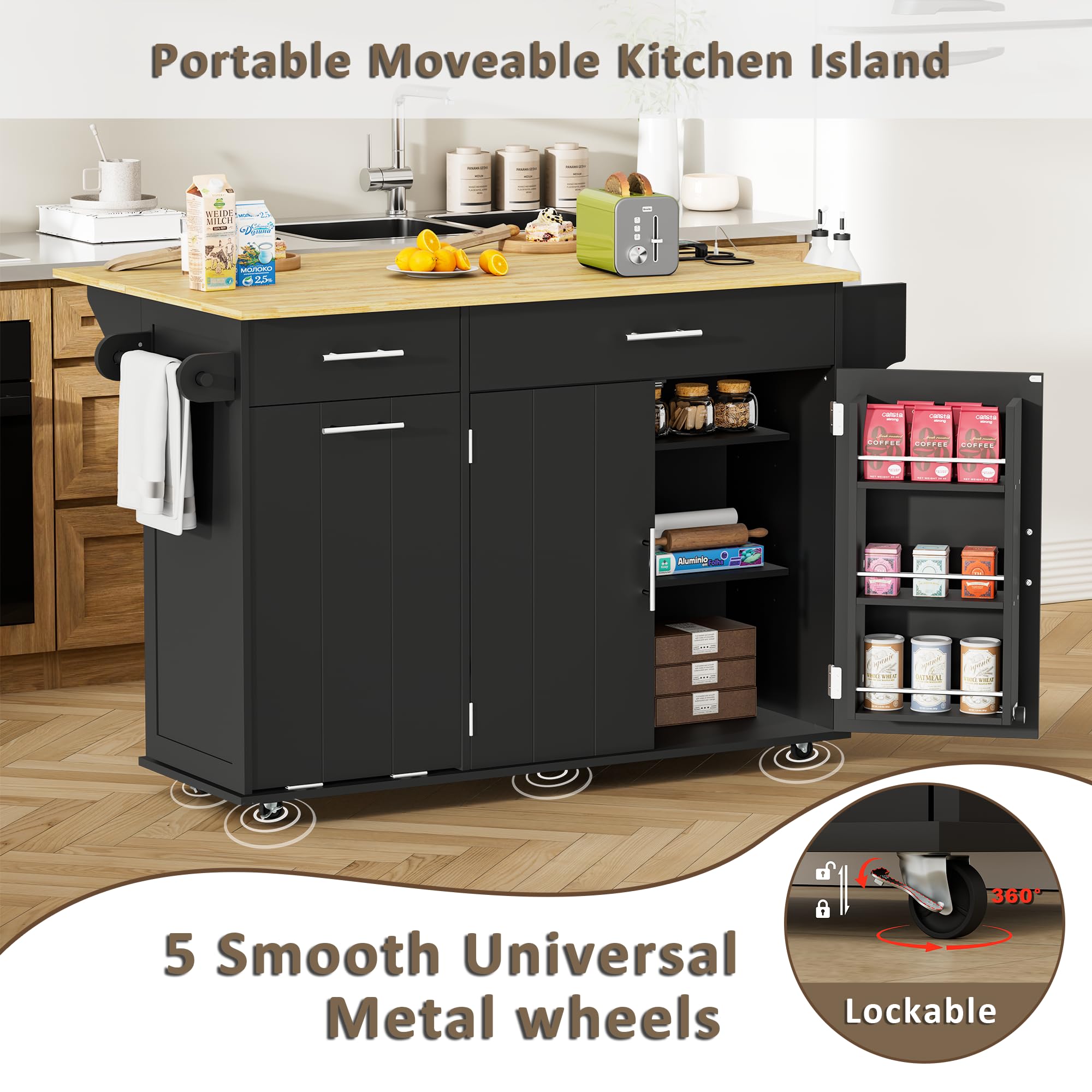 HQZX Rolling Kitchen Island with Trash Can Storage, Portable Kitchen Island Cart on Wheels with Drop Leaf & Power Outlet, Towel Rack & Spice Rack, Large Mobile Island Table for Kitchen, Black