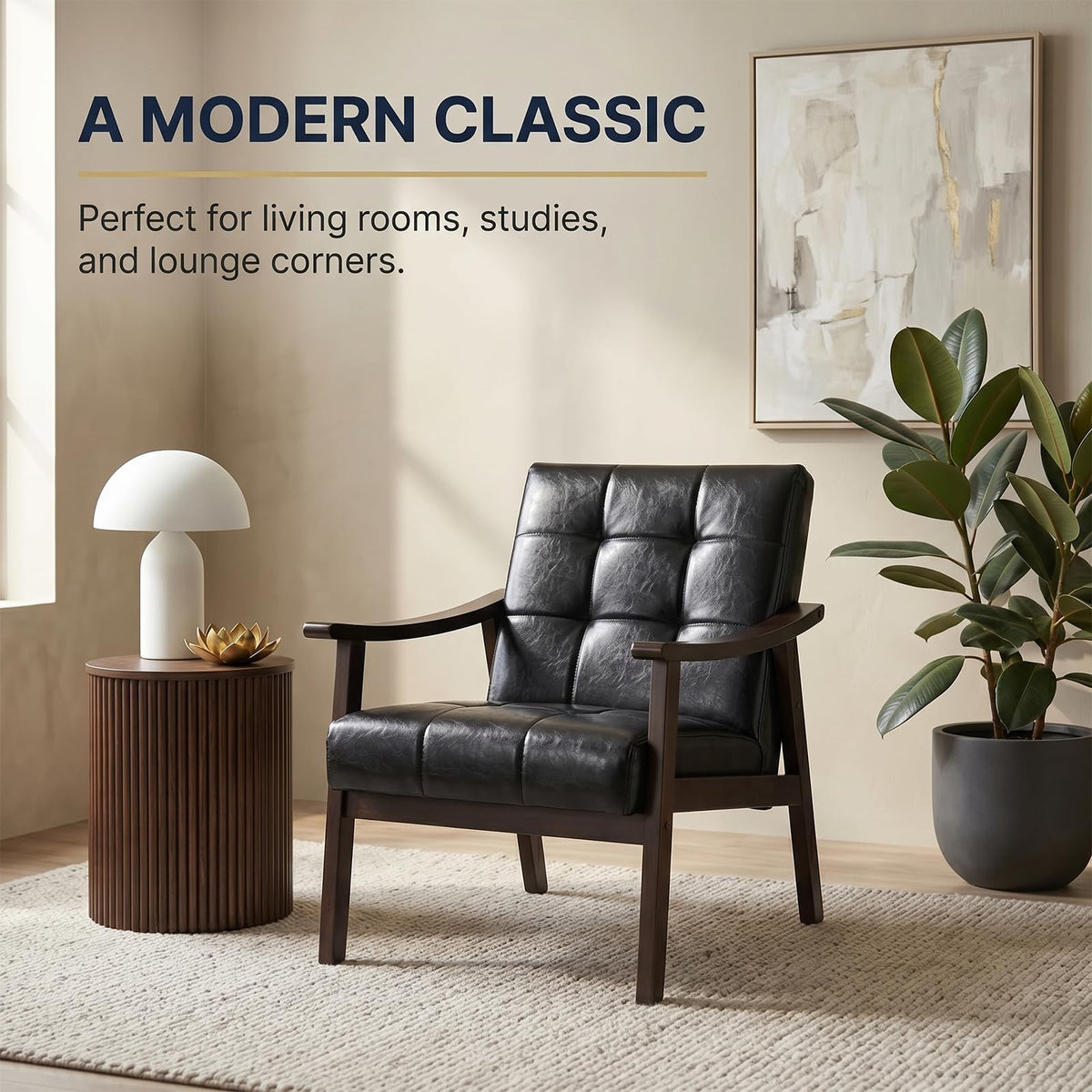 Hjaustevy Mid Century Modern Faux Leather Accent Chair, Lounge Chair Indoor Comfy Upholstered Armchair, MCM Wooden Side Chair with Solid Rubberwood Frame for Living Room Bedroom, 350lbs