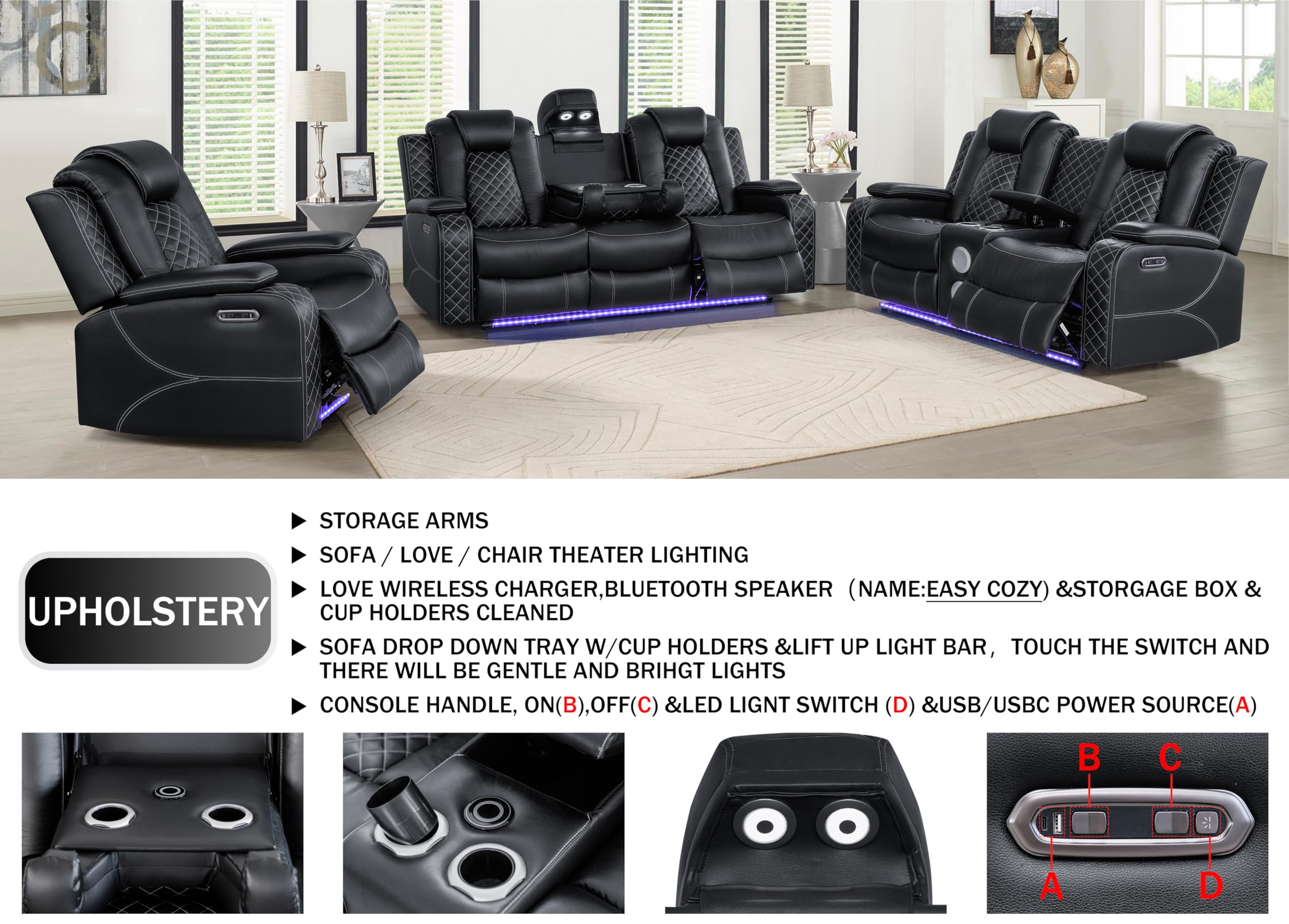 Power Recliner Sofa Set – 3-Piece