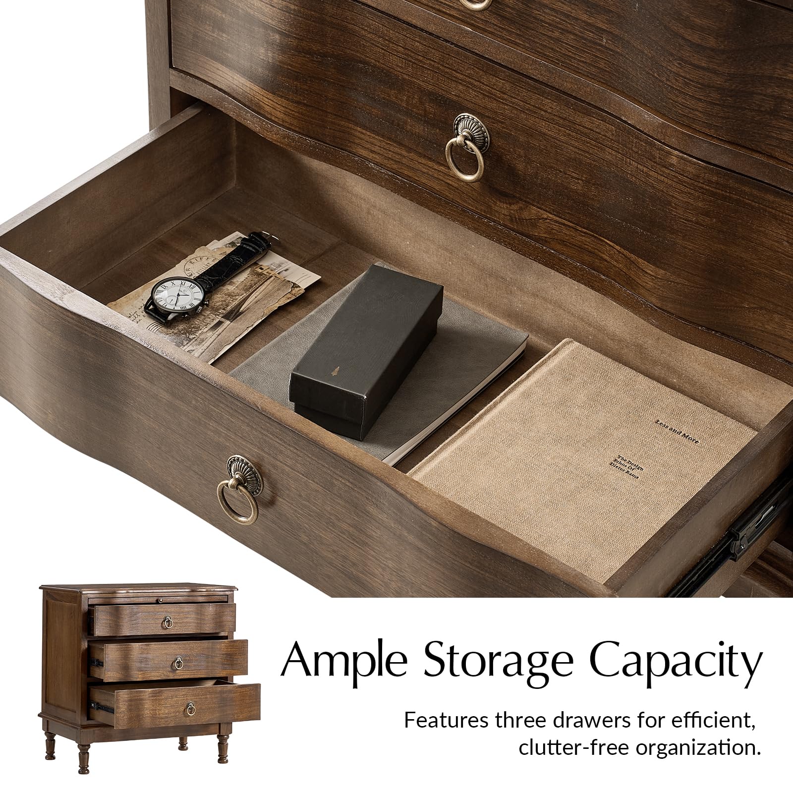 Solid Wood End Table with Charging Station & 3 Drawers