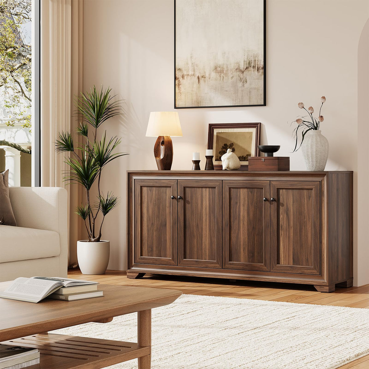 ONBRILL 60" Buffet Cabinet with Storage, 4 Doors & Adjustable Shelves Brown