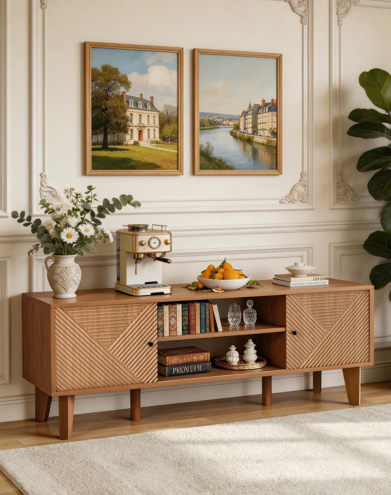Mid-Century Modern TV Stand with Fluted Door Cabinets