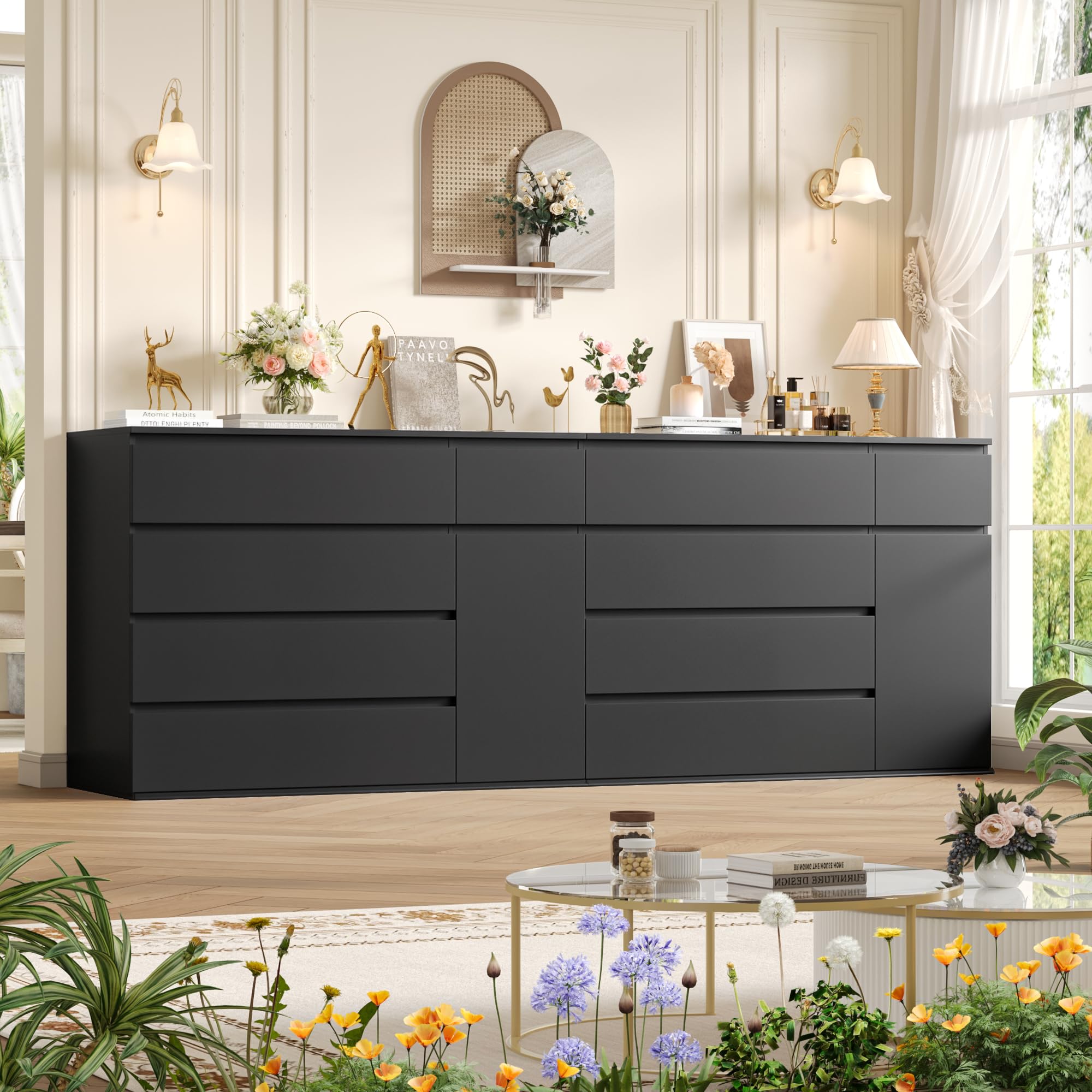 FOTOSOK 5 Drawer Dresser, Black Dresser for TV Stand, Double Wide Storage Chest of Drawers with Door, Deep Drawers and Wide Storage Space