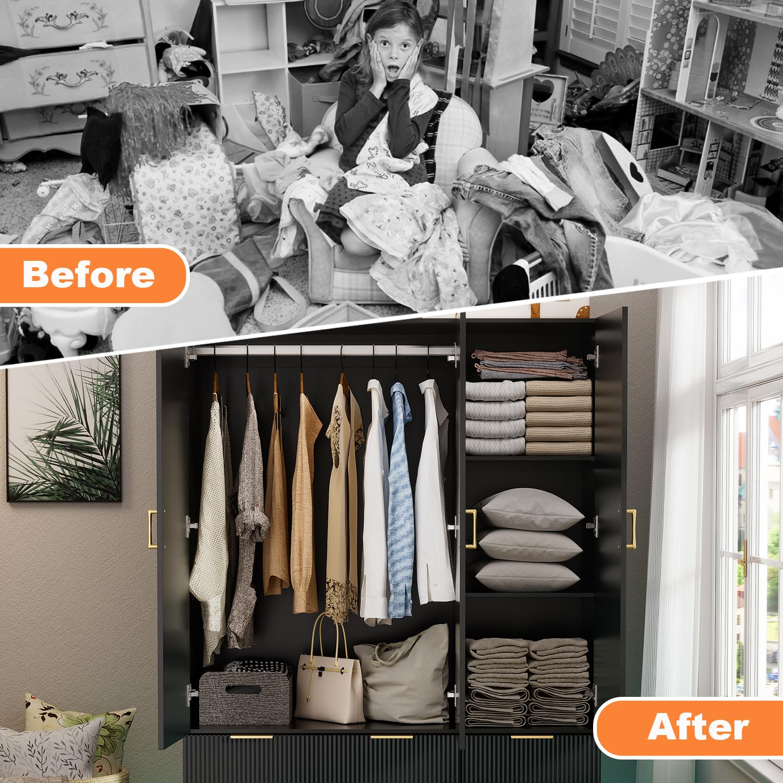 PAKASEPT Large Wardrobe Closet, Armoire Closet with Door and Mirror, LED Lights, Hanging Rod, Drawers, Armoires and Wardrobes for Bedroom (Black)