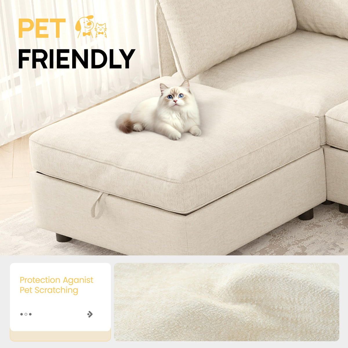 129'' Modular Sectional Sofa,8 Seat Chenille Sectional Sofa with Removable Covers,FSC Certified Modern Sectional Sofa with Storage & Ottoman,Convertible U/L Shaped Couch,Beige Couches for Living Room