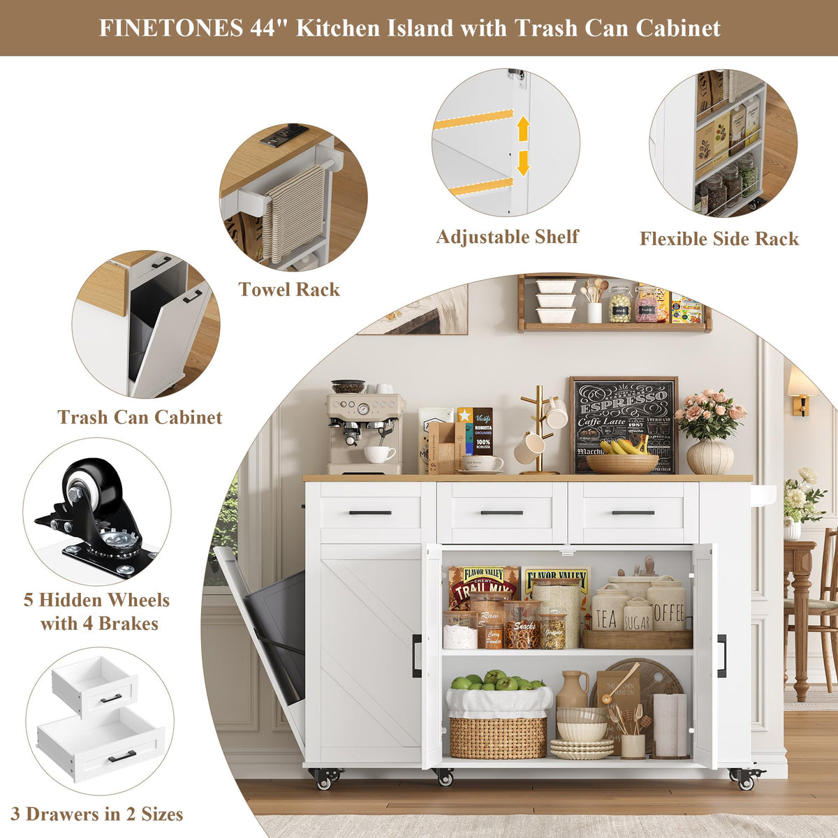 FINETONES Kitchen Island with Trash Can Storage and Power Outlet, White