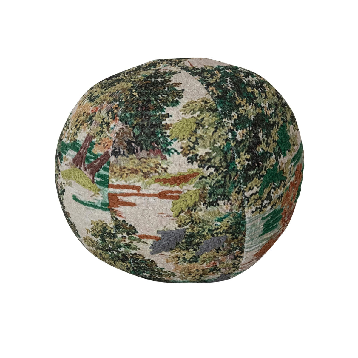 Creative Co-Op Round Fabric Printed Orb Pillow with Landscape and Embroidery, Multicolor