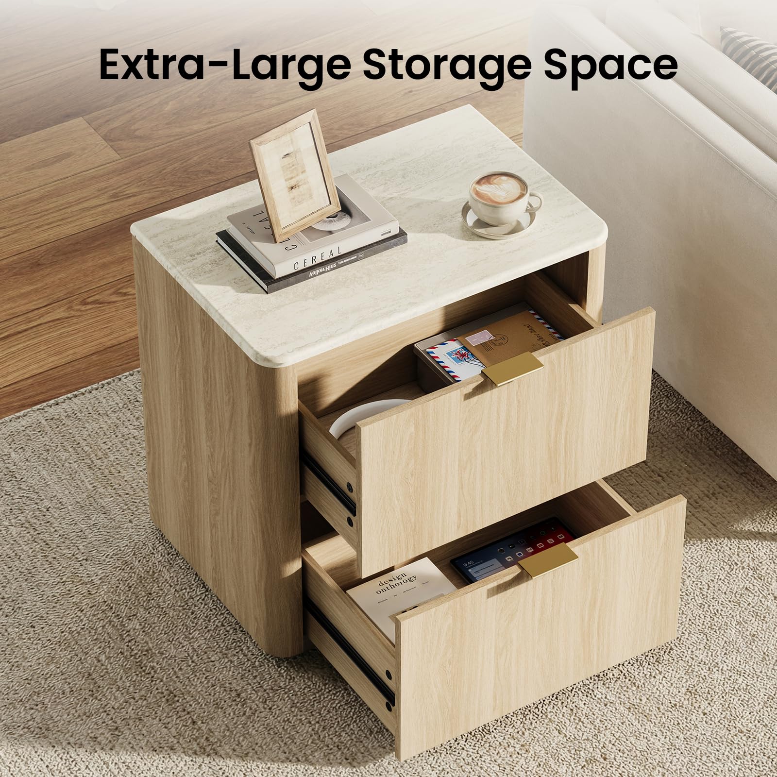 Nightstand Set of 2 with Drawers, Faux Travertine Top