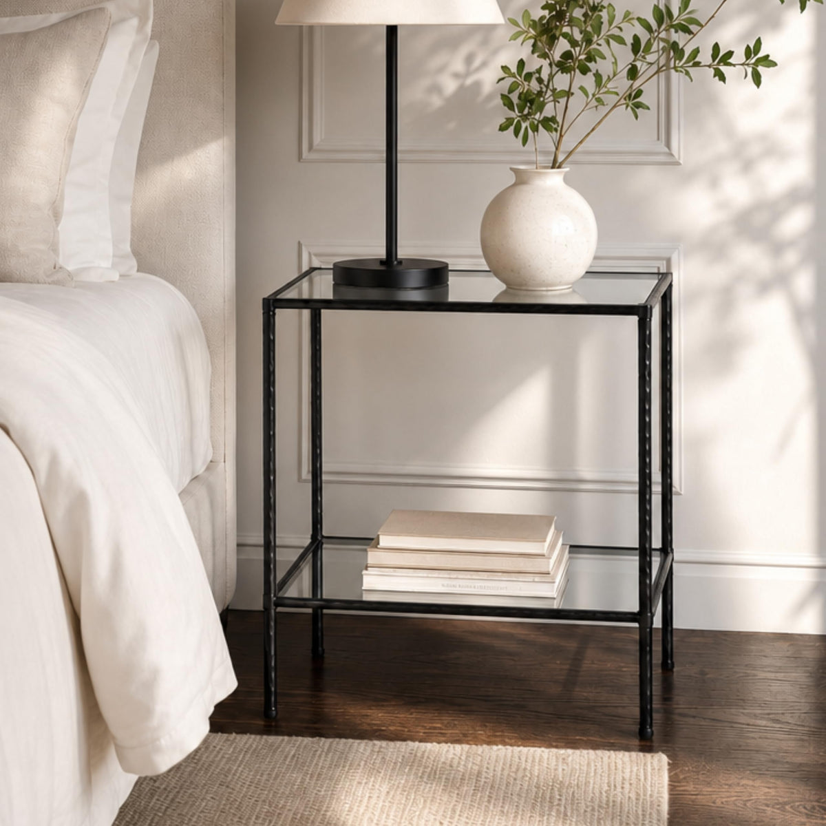 Lynder & Co. Black Glass Side Table, Square End Table for Living Room
